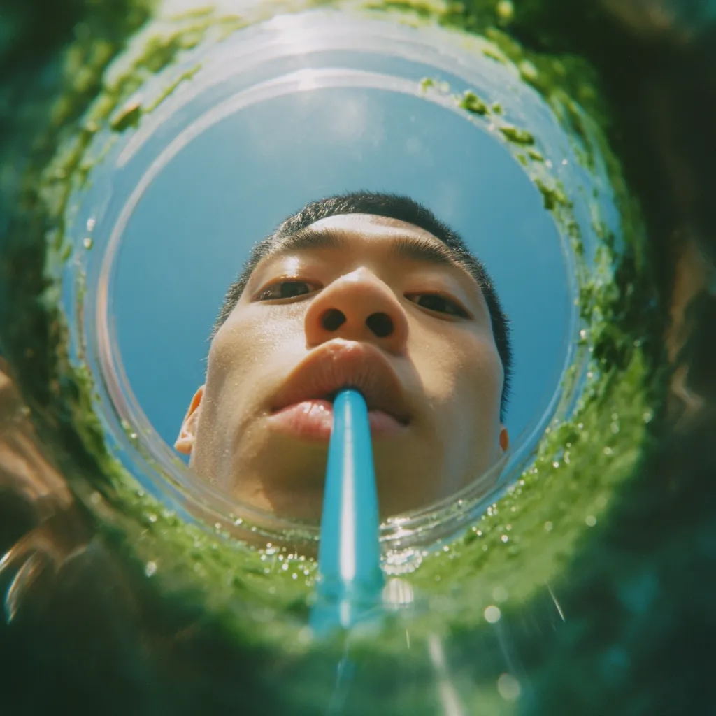 A young man's face is seen from a unique low-angle perspective, looking up from inside a large cup of vibrant green smoothie.  He's drinking through a blue straw, his expression relaxed. The bright blue sky is visible through the top of the cup, creating a contrasting backdrop to the deep green drink. The image has a whimsical, slightly distorted quality.