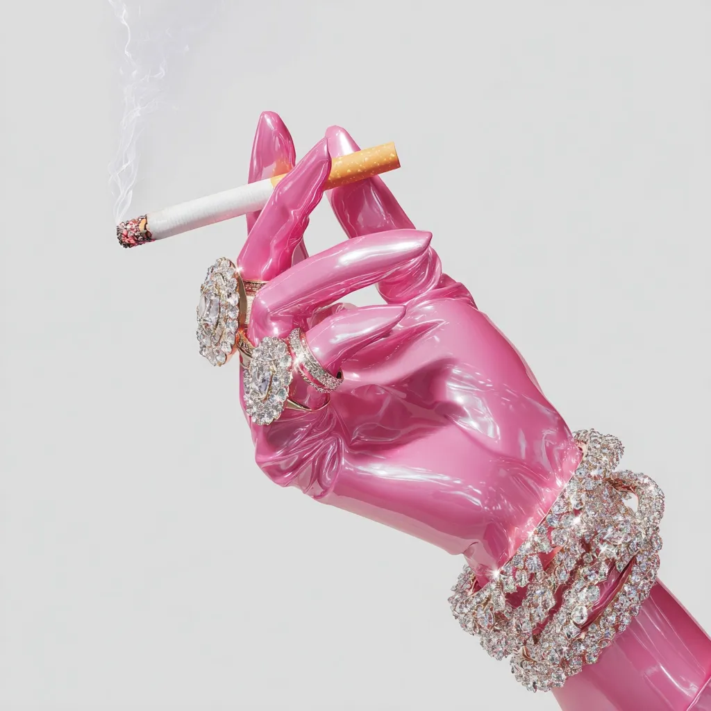 A pink, glossy latex-like hand adorned with several diamond rings and a dazzling diamond bracelet delicately holds a lit cigarette.  The smoke curls upwards against a minimalist light grey background. The image presents a striking contrast between the glamorous jewelry and the potentially unhealthy habit, creating a visually arresting juxtaposition.