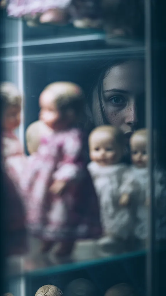 A young woman's face is partially visible behind a glass display case filled with porcelain dolls.  Her gaze is directed towards the viewer, creating a slightly unsettling mood. The dolls are blurred, out of focus, adding to the mysterious atmosphere. The overall image is dark and moody, with a slightly unsettling feeling.
