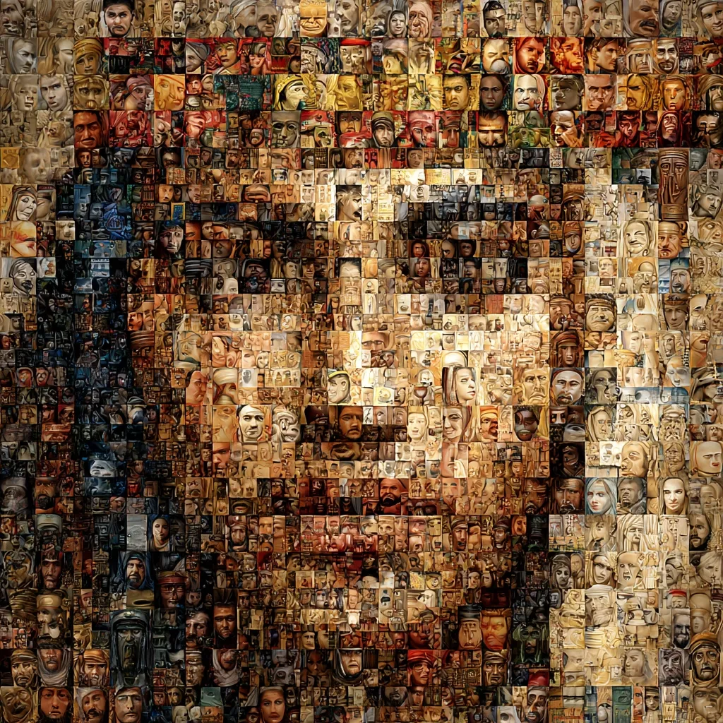 A mosaic portrait is composed of hundreds of smaller portraits, creating a larger image. The smaller portraits are diverse in style and ethnicity, exhibiting a range of expressions and ages.  The overall effect is a textured and detailed representation of a single, larger face, possibly a famous figure, whose features are subtly implied by the arrangement of the smaller images. The color palette is predominantly warm, with browns, golds, and muted reds dominating.