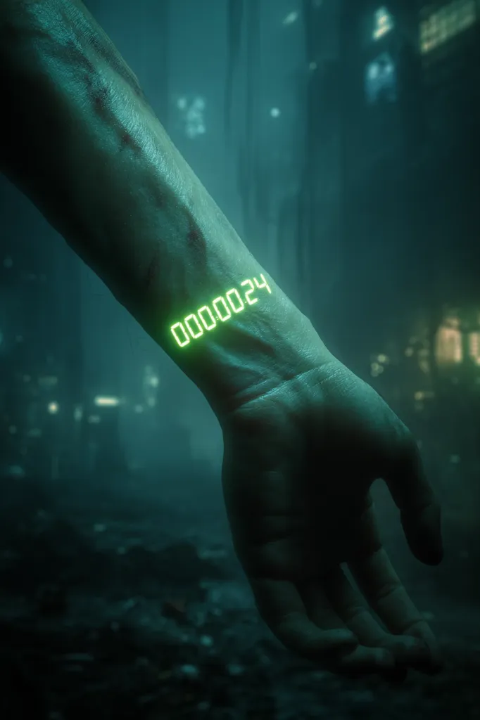 A close-up shot reveals a weathered arm and hand, etched with scars, against a blurred backdrop of a futuristic, dystopian city.  A glowing green digital code, "0000024," is imprinted on the wrist.  The overall atmosphere is dark and moody, suggesting a post-apocalyptic or cyberpunk setting.  The image evokes themes of identification, survival, and technological control.