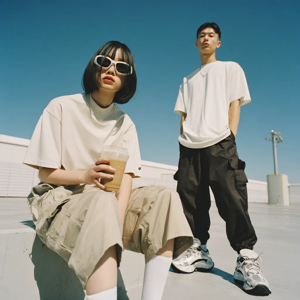 A young woman with short black hair and white sunglasses sits on a concrete ledge, holding a coffee. She wears a beige oversized t-shirt and khaki cargo pants.  Beside her stands a young man in a cream-colored t-shirt and black cargo pants, wearing chunky sneakers.  Both are stylishly dressed in minimalist streetwear, posing against a bright blue sky on a rooftop.