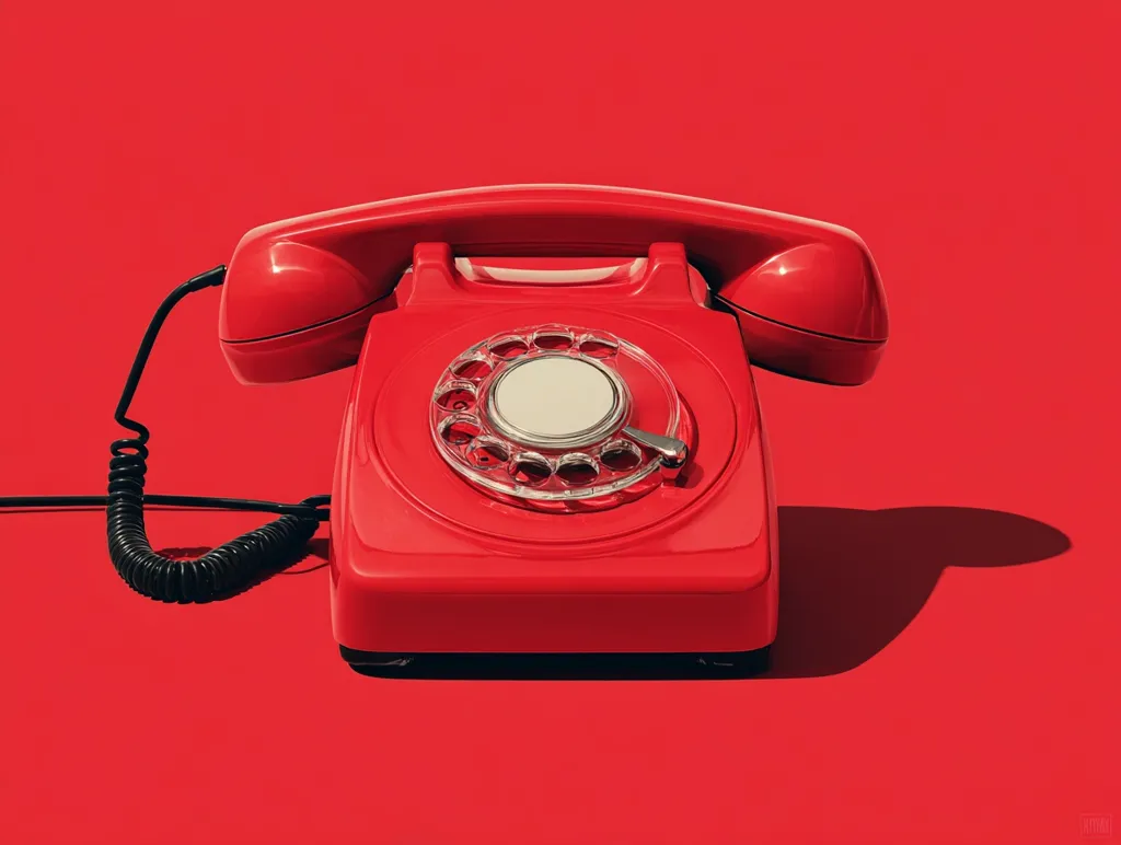 A vibrant red rotary telephone sits on a matching red background.  Its glossy finish and coiled cord are clearly visible. The phone's design is classic, suggesting a retro aesthetic. The contrasting black cord adds a touch of visual interest.  The overall image is clean and minimalist, focusing on the phone as the central element.