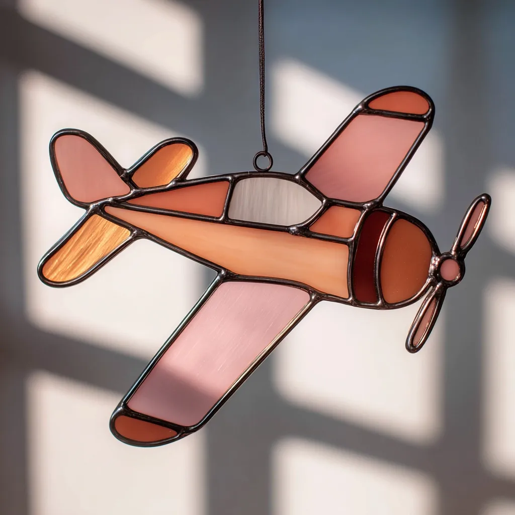 A charming stained-glass airplane ornament hangs delicately from a dark cord.  The plane is crafted from various shades of pink and orange glass, creating a warm, inviting aesthetic.  Its detailed design includes a propeller and distinct body sections, all meticulously assembled with dark metal framing.  Sunlight streams through the glass, highlighting its translucent colors and adding to its delicate beauty.