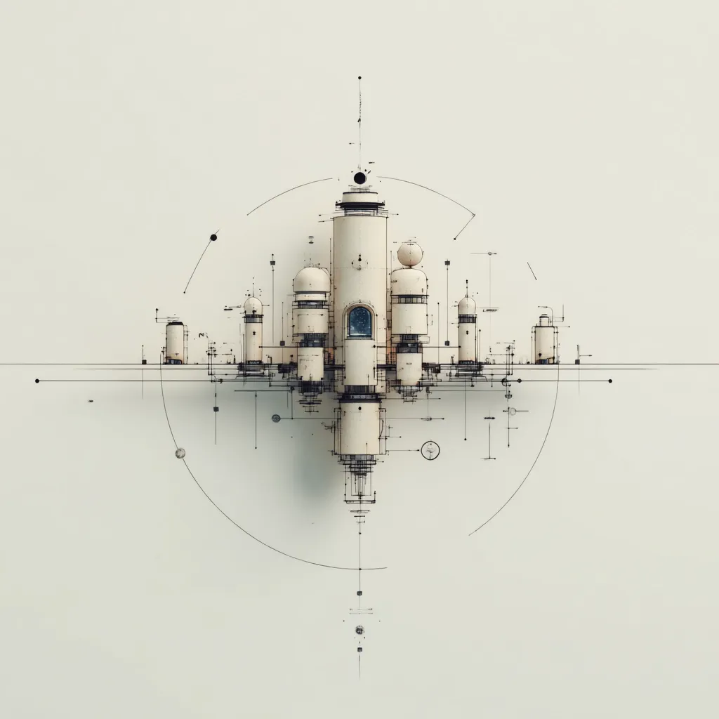 The image presents a minimalist architectural design, possibly a futuristic city or space station.  Cream-colored cylindrical structures of varying heights are interconnected, forming a complex yet symmetrical layout.  Thin black lines suggest a blueprint or schematic overlay, emphasizing geometric precision.  The overall aesthetic is clean, serene, and technologically advanced.  A central tower dominates the scene, with a small, dark window offering a glimpse of a starry backdrop.