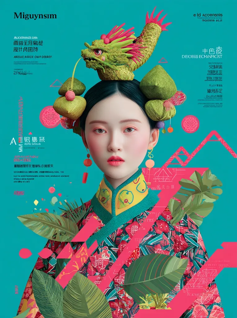 A vibrant poster features a young woman adorned in a traditional Chinese-inspired headdress featuring a dragon and floral elements. Her clothing is a mix of traditional and modern styles, with a bold teal and pink color scheme. The design incorporates geometric shapes and tropical leaves, creating a striking visual collage.  The text is in both English and Chinese, suggesting a fashion or cultural campaign.
