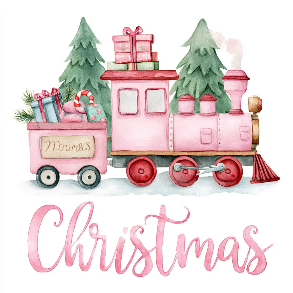 A watercolor painting depicts a whimsical pink Christmas train.  The train carries a cargo of presents, candy canes, and Christmas greenery in a small pink car.  Two evergreen trees flank the train, adding to the festive scene. The words "Christmas" are elegantly scripted below, completing the charming holiday image.