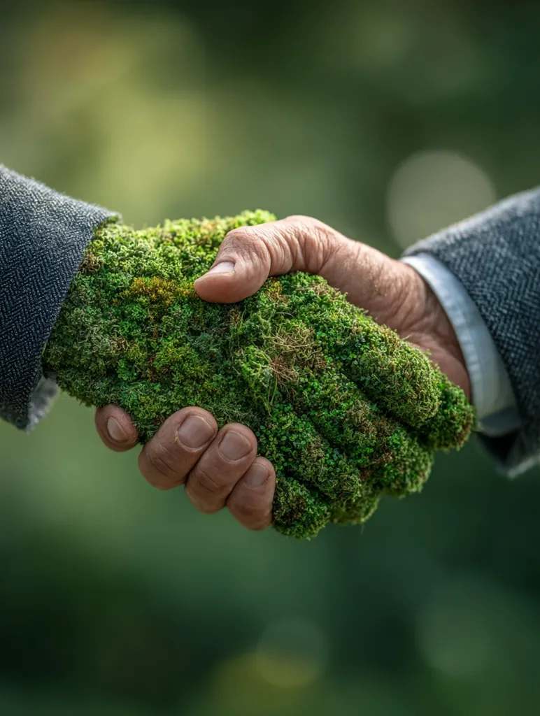 Two hands clasp in a handshake, one hand entirely covered in vibrant green moss.  The image symbolizes a partnership or agreement focused on environmental sustainability and the preservation of nature.  The lush moss contrasts with the business attire of the other hand, suggesting a collaboration between business and environmentalism. The blurred green background enhances the natural theme.