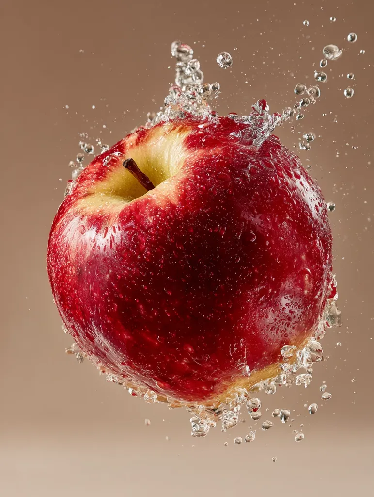 A vibrant red apple is captured mid-air, seemingly emerging from a splash of water.  Water droplets cling to its glistening skin, creating a dynamic and refreshing image. The background is a muted, warm brown, which accentuates the apple's intense color and the lively movement of the water. The overall effect is one of freshness and vitality.