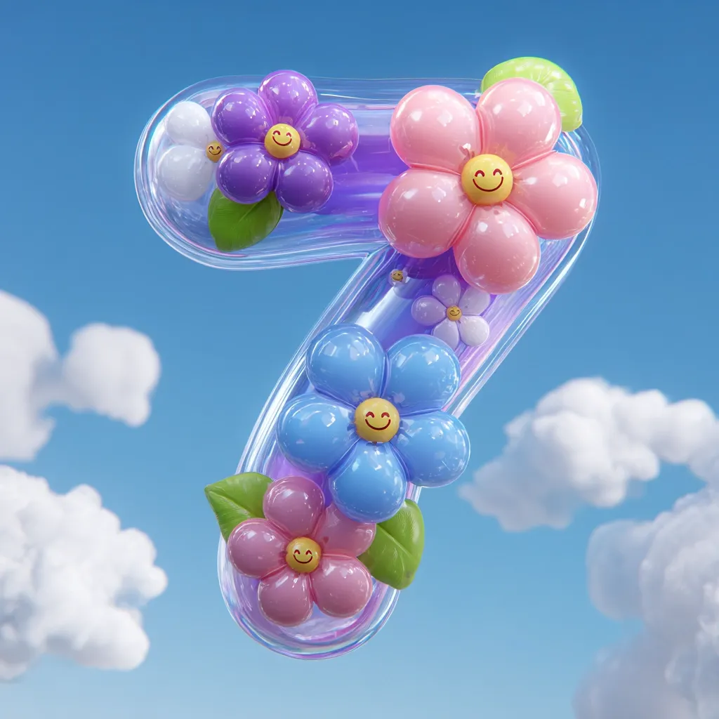 A whimsical 3D rendering of the number seven.  The numeral is translucent and decorated with cheerful, smiling flowers in pastel colors: pink, purple, and blue.  Smaller flowers and leaves adorn the number, creating a playful, childlike aesthetic against a bright blue sky with fluffy white clouds. The overall style is cute and cartoonish.