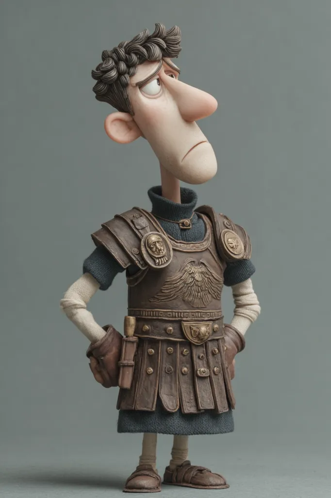 A stop-motion animation figure, possibly from a film, is depicted.  The character, a male with a long nose and worried expression, wears a detailed Roman-style segmented armor and tunic. His pose suggests contemplation or slight apprehension. The figure’s craftsmanship is highly realistic, showcasing intricate detailing in the clothing and facial features.  The muted background enhances the focus on the character.