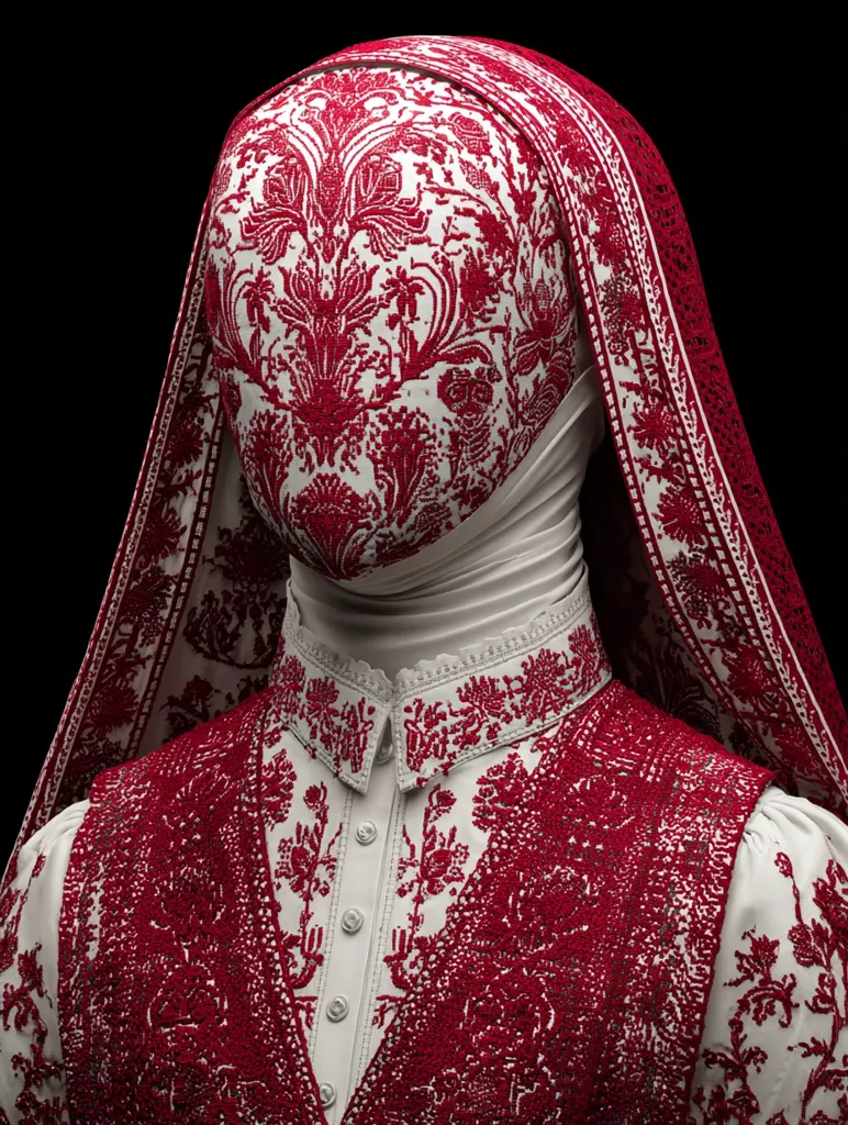 A close-up shot reveals a figure draped in an intricately embroidered garment. The deep red embroidery, a dense floral pattern on a white base, covers a veiled head and a vest-like top. The fabric's texture and the rich color contrast create a striking visual.  The design suggests a traditional, possibly folk, style of clothing.  The face is obscured, adding an element of mystery.