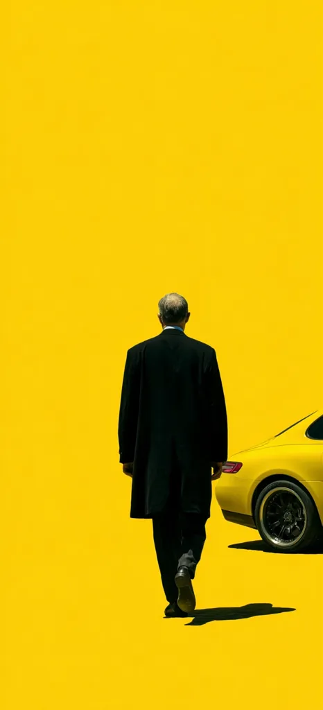 A man in a dark overcoat walks away from a bright yellow sports car against a vibrant yellow background.  His back is to the viewer, and his shadow stretches behind him on the sunny ground. The stark contrast between the dark figure, the yellow car, and the background creates a striking visual image. The scene is minimalistic and suggestive of mystery or departure.