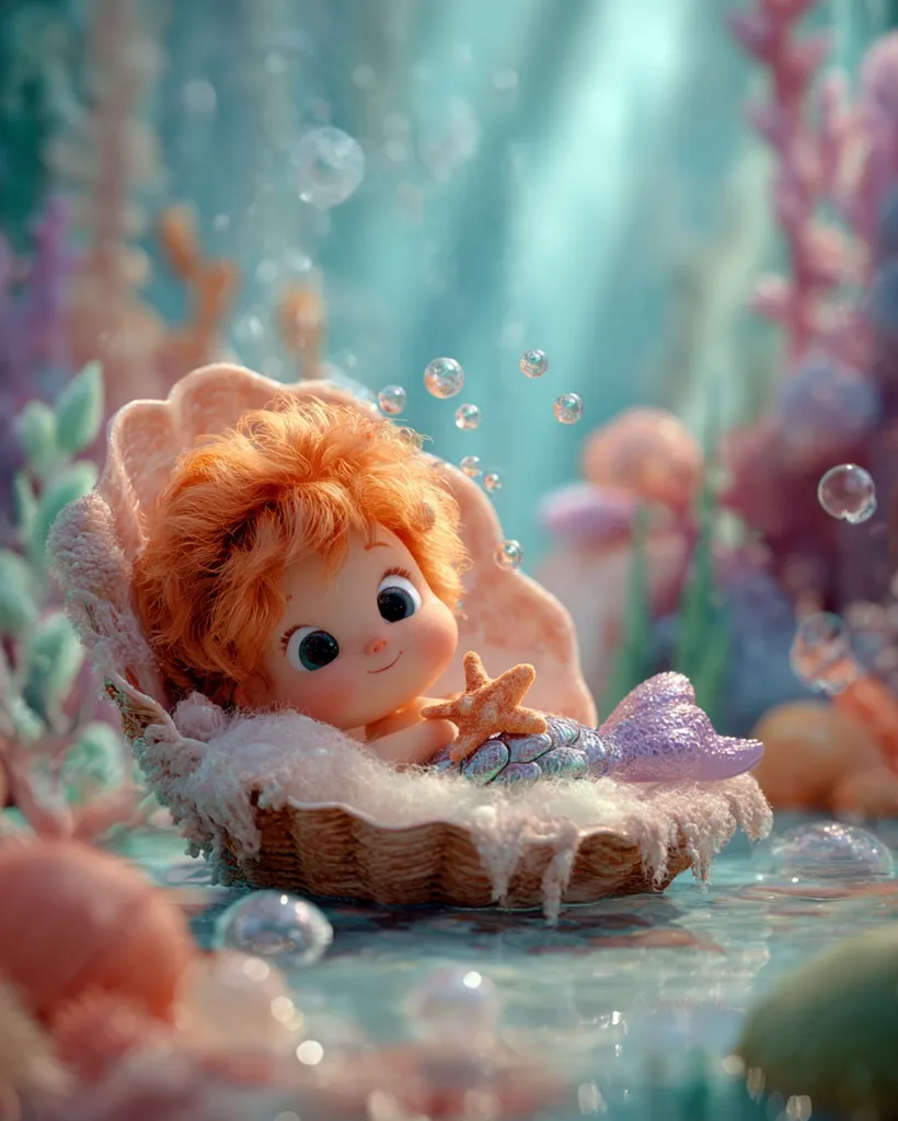 A charming 3D rendering depicts a baby mermaid with vibrant orange hair nestled in a seashell.  The mermaid, possessing large, expressive eyes, holds a starfish.  Surrounding the scene are bubbles and soft, underwater flora, creating a whimsical and serene underwater setting. The overall aesthetic is cute and dreamlike.