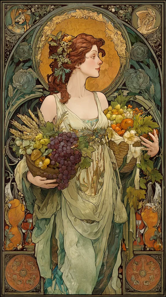 A woman, adorned in a flowing, light-green robe and a floral crown, stands as the central figure.  She gracefully holds a large basket brimming with an autumnal harvest – grapes, wheat, and various fruits.  The artwork is rendered in the Art Nouveau style, featuring intricate decorative borders with swirling lines and floral motifs, creating a sense of elegance and abundance.  The color palette is warm and earthy, enhancing the autumnal theme.