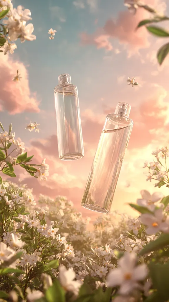 Two clear glass perfume bottles float amidst a field of delicate white flowers under a pastel sunset sky.  The bottles are cylindrical and nearly empty, showcasing the clear liquid inside.  The scene is serene and evokes a feeling of lightness and freshness, suggesting a floral fragrance.  Small white blossoms drift gently in the air.