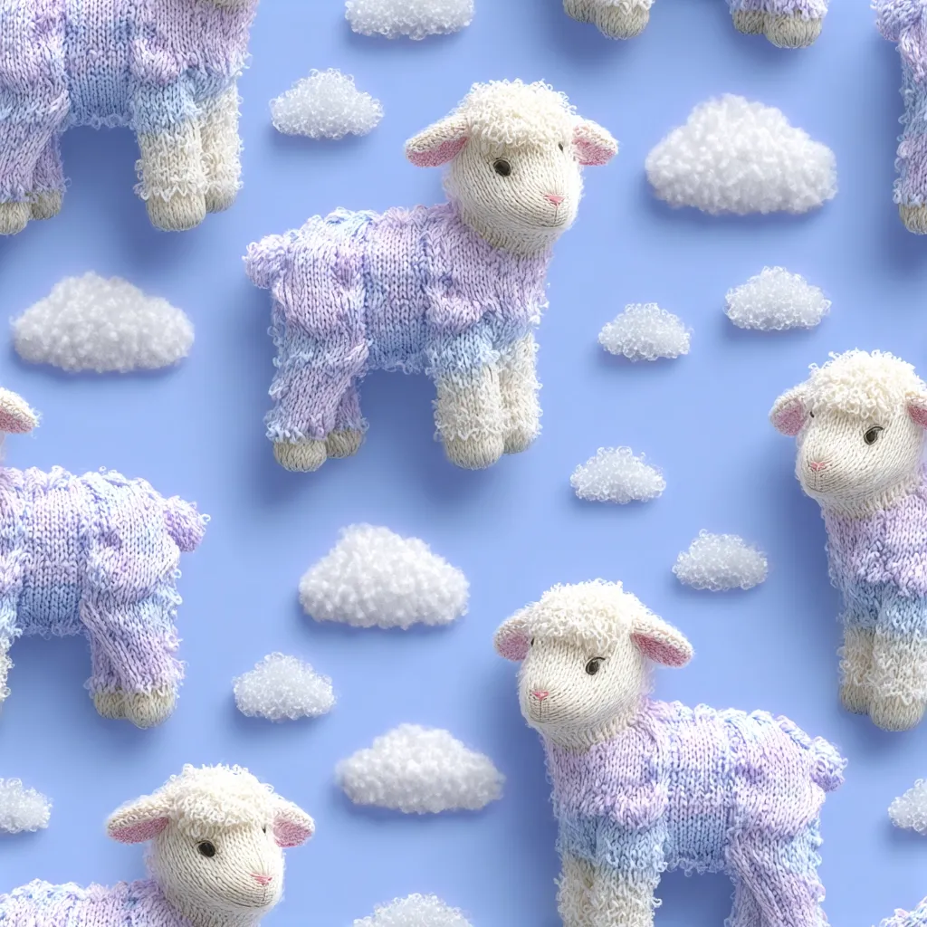 A seamless pattern featuring adorable knitted lambs in pastel purple and white.  The lambs are arranged amongst fluffy white cloud shapes against a light blue background, creating a whimsical and charming design ideal for baby products or children's textiles.  The overall aesthetic is soft, cuddly, and sweet.