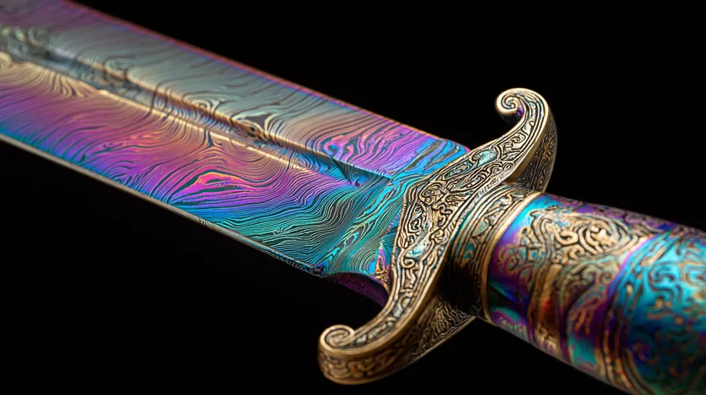 Close-up of an ornate dagger.  The blade showcases a mesmerizing iridescent pattern in vibrant blues, purples, and greens, created through a damascus steel forging process.  The hilt is richly detailed with gold-colored etchings and swirling patterns, complementing the blade's captivating colors.  The overall effect is one of striking beauty and intricate craftsmanship.