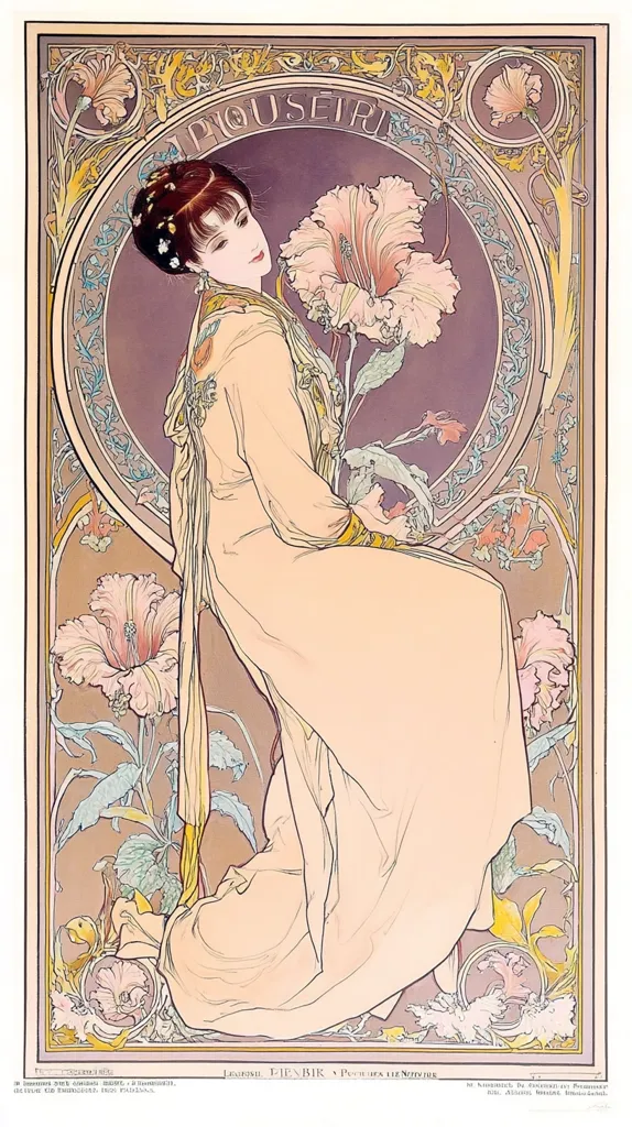 This Art Nouveau poster depicts a delicately rendered woman in a flowing, light peach robe, seated amidst stylized hibiscus flowers.  Her dark hair is elegantly arranged, and her expression is serene. The artwork is framed by an ornate border with swirling lines and floral motifs, characteristic of Alphonse Mucha's style.  The overall aesthetic is one of grace, elegance, and refined beauty. The poster's color palette is soft and muted, enhancing its dreamlike quality.