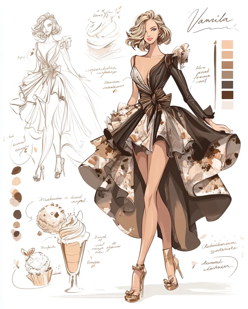 A fashion illustration showcases a blonde model in a high-fashion gown. The dress, in shades of brown and beige, features a unique design reminiscent of confectionery.  Accompanying sketches depict a simpler dress design and dessert-inspired elements, including cupcakes and a milkshake, suggesting a theme of sweet treats and elegance.  A color palette and fabric texture notes complete the design concept.