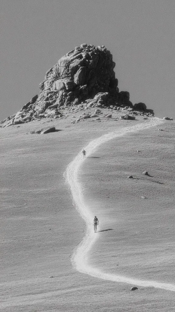 A winding trail leads towards a rocky outcrop on a sun-drenched hillside. Two lone figures, small in the vast landscape, trek along the path, their journey emphasizing the scale of the natural setting. The monochrome palette enhances the stark beauty and solitude of the scene, creating a sense of peaceful isolation. The image evokes a feeling of adventure and the quiet contemplation of nature's grandeur.