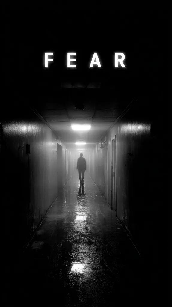 A solitary figure walks down a long, dimly lit corridor.  The word "FEAR" is starkly displayed above. The atmosphere is dark, ominous, and suggestive of suspense or impending danger.  The wet floor reflects the sparse light, enhancing the feeling of isolation and unease. The image is in black and white, further emphasizing the mood.