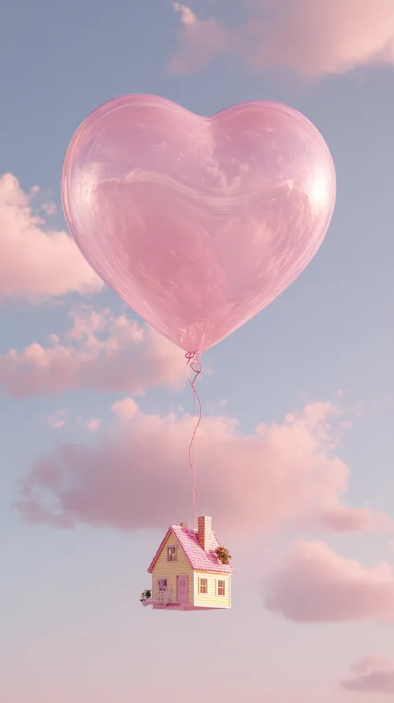 A whimsical image depicts a pastel pink heart-shaped balloon gently lifting a miniature yellow house with a pink roof against a soft pink and blue sky.  Fluffy clouds drift lazily in the background, creating a dreamy, romantic atmosphere. The scene evokes feelings of lightness, hope, and childlike wonder.