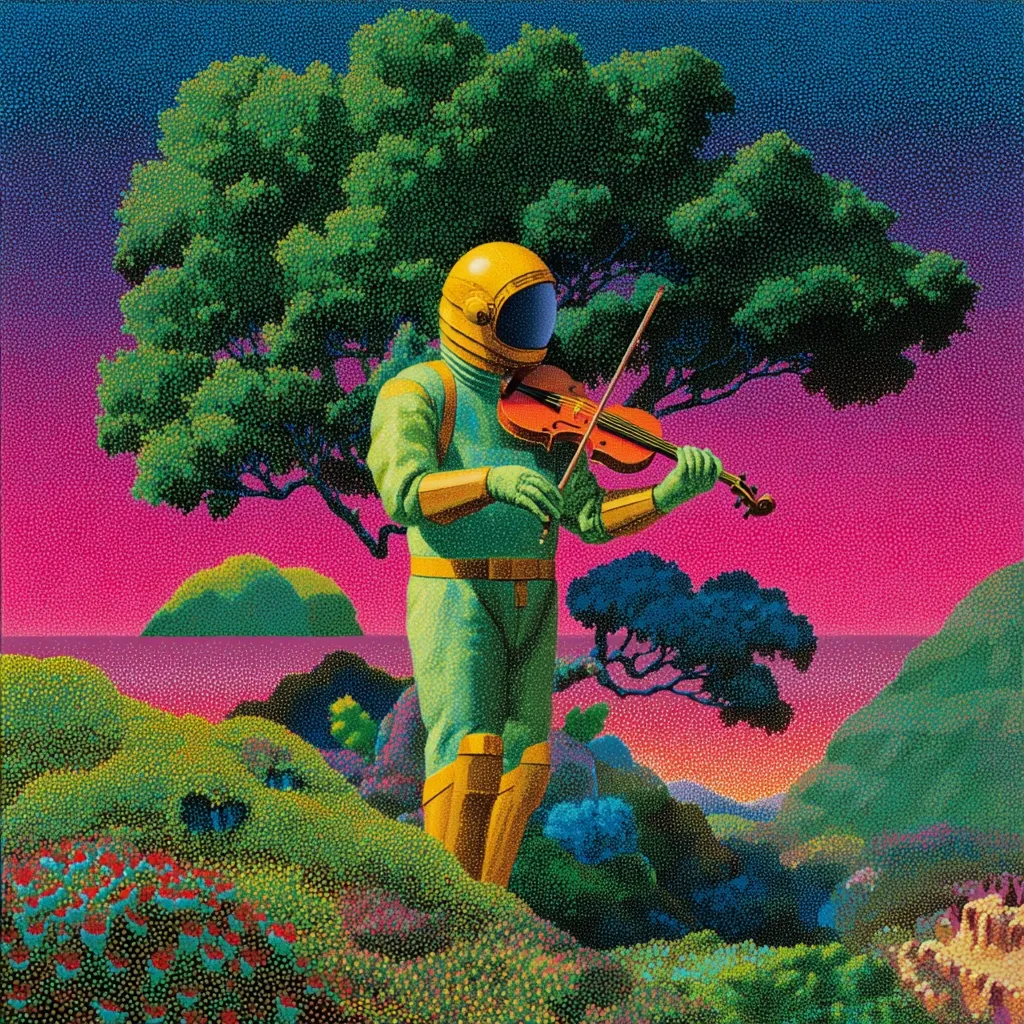 An astronaut in a vibrant green spacesuit stands amidst an alien landscape, playing a violin.  The setting is surreal, with a pinkish-purple sky, lush green vegetation, and small islands in the distance. The astronaut's helmet is yellow, contrasting with the overall color palette.  The pointillist style adds a textured quality to the image, creating a dreamlike atmosphere.