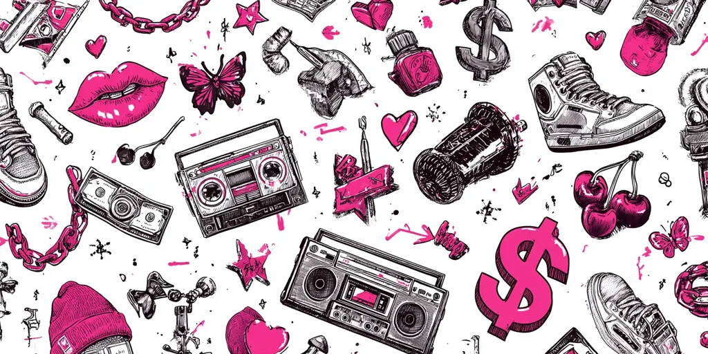 A vibrant, white background showcases a seamless pattern of hand-drawn 90s hip-hop culture icons.  Boomboxes, sneakers, dollar signs, cherries, chains, lips, and butterflies are scattered throughout, rendered in a mix of black ink and bold pink accents. The style is reminiscent of graffiti art and street style, creating a dynamic and energetic design.