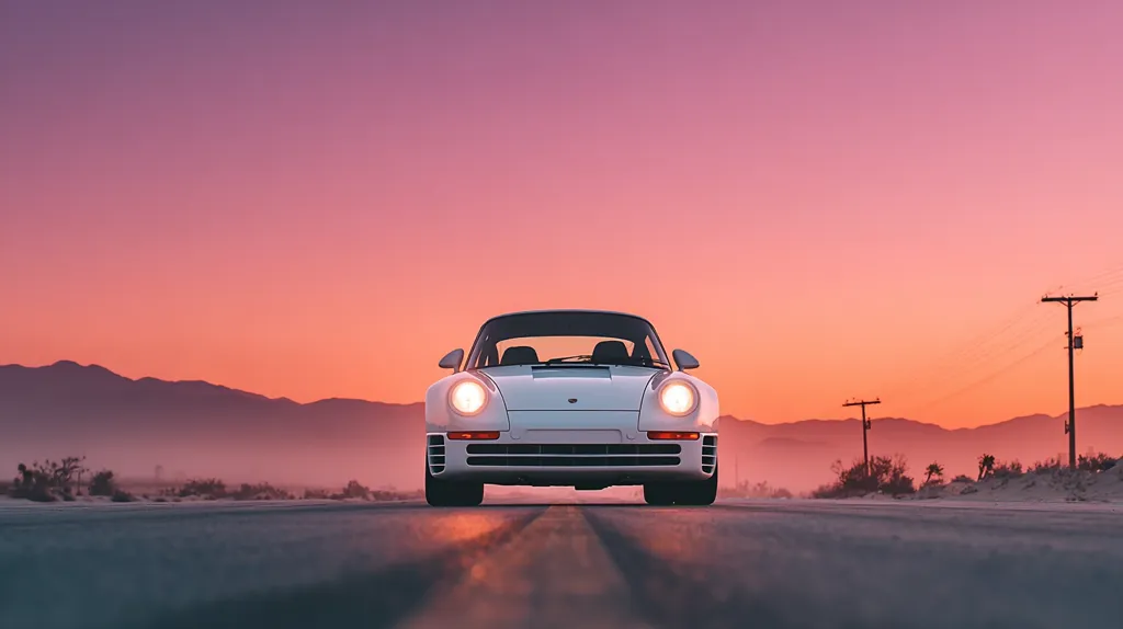 A white Porsche 959 sits in the middle of a desert road at sunset. The sky is a gradient of pink and purple, and the mountains in the background are silhouetted against the vibrant colors. The car's headlights are on, illuminating the road ahead. The scene is serene and evokes a sense of freedom and adventure.