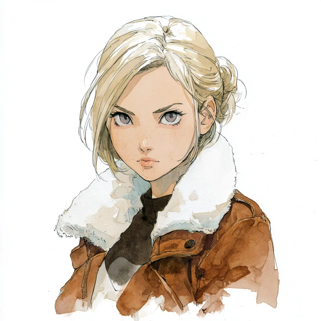 A watercolor painting depicts a young woman with blonde hair styled in a bun.  She has intense grey eyes and a serious expression.  She wears a brown leather jacket with a fluffy white collar, suggesting a cold climate. The style is anime-influenced, with a focus on soft, blended colors and detailed features.  The overall impression is one of quiet strength and determination.