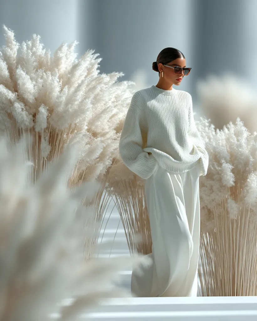 A woman in a white sweater and wide-leg trousers stands amidst tall, fluffy pampas grass.  She wears sunglasses and her hair is neatly pulled back. The monochromatic color palette of white and beige creates a minimalist and elegant aesthetic. The overall mood is serene and sophisticated.