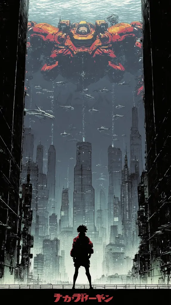 A stylized illustration depicts a lone figure standing before a futuristic cityscape.  Above, a massive, submerged mecha looms, surrounded by smaller crafts. The city's tall buildings stretch towards a dark sky, creating a sense of scale and imposing atmosphere. The overall style is reminiscent of cyberpunk anime, emphasizing stark contrasts and dramatic perspective.  The Japanese title, likely for the artwork's subject, is visible at the bottom.