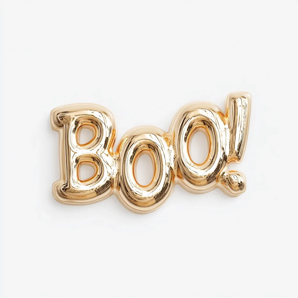 Gold balloon letters spelling "Boo!" are arranged against a white background.  The letters are shiny and reflect light, giving them a metallic appearance.  The exclamation point adds emphasis to the playful Halloween greeting. The image is simple and clean, focusing on the festive lettering.