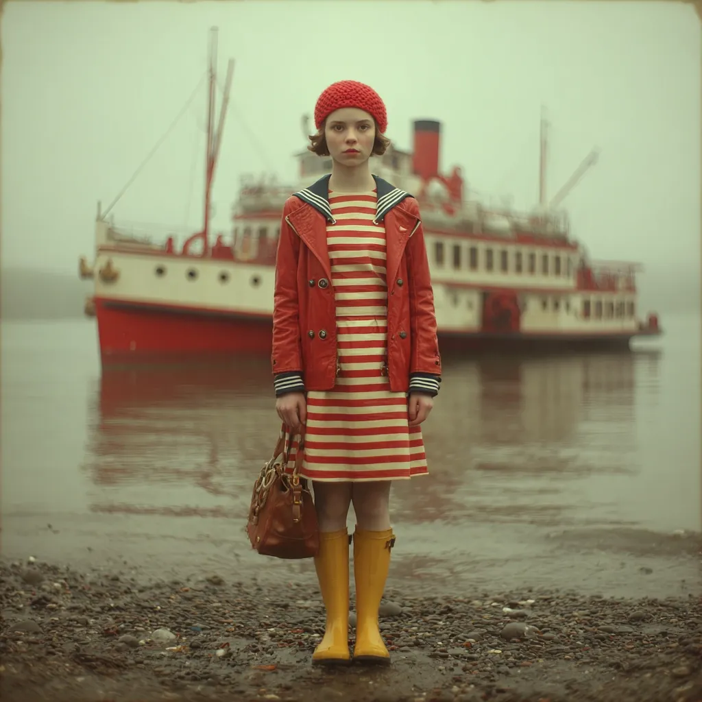 A young woman in a red coat and striped dress stands on a pebbled shore, her yellow rain boots reflecting the muted colors of the scene.  A red paddle steamer rests on the calm water behind her, creating a nostalgic and slightly melancholic atmosphere.  The overall image is vintage-inspired, with soft lighting and a subdued color palette.  She carries a brown handbag.