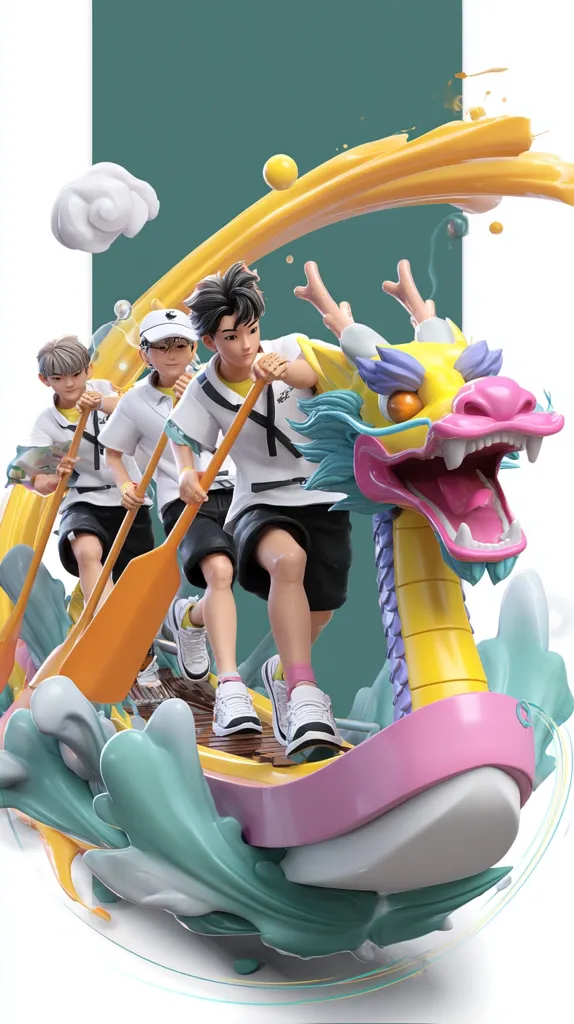 Three young men in white shirts and shorts row a vibrant, cartoonish dragon-shaped boat.  The boat is stylized, with pastel pink and yellow tones, and surrounded by splashes of paint. The scene is dynamic, suggestive of speed and energy, with a playful and youthful feel.  The overall style is 3D-rendered, clean, and bright.