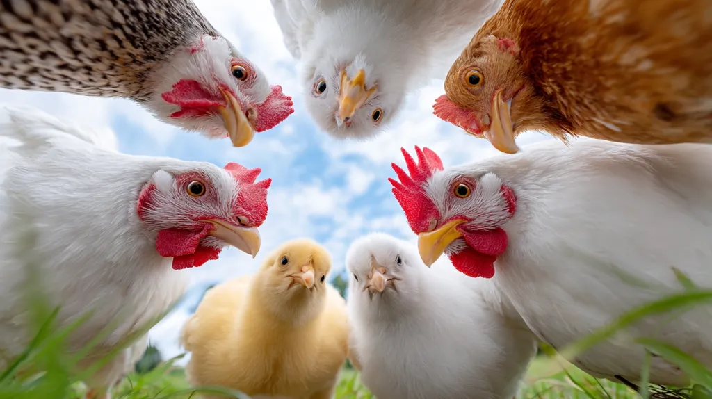 A group of chickens, viewed from a low angle, surround two small chicks.  The adult hens are various colors: white, speckled gray, and light brown.  Their red combs are prominent, and they appear to be looking directly at the camera. The scene is set against a bright, partly cloudy sky and green grass. The image is playful and creates a sense of curiosity.