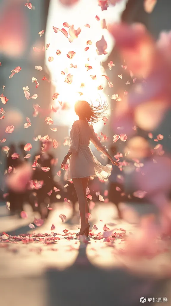 A woman in a white dress twirls amidst a shower of pink petals at sunset.  The sun backlights her, creating a dreamy, ethereal atmosphere.  The petals fall around her, blanketing the ground and adding to the magical, whimsical scene.  Her silhouette is partially obscured by the bright light and falling blossoms.