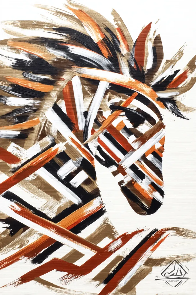 An abstract painting depicts a zebra's head and neck.  Bold, expressive brushstrokes in earthy tones of brown, orange, black, and white create a dynamic composition.  The stripes are stylized and interwoven, conveying movement and energy.  The background is off-white, enhancing the vibrant colors of the zebra's form. The artist's signature is subtly placed in the bottom right corner.