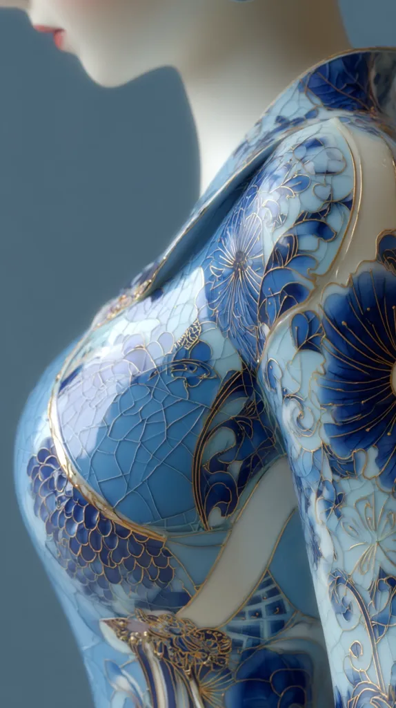 A close-up reveals a porcelain figurine, possibly a woman, adorned in a meticulously detailed blue and white robe.  The garment features intricate floral patterns and gold accents, executed with a crackle glaze technique.  The craftsmanship is exquisite, showcasing a high level of artistic skill and attention to detail. The blue tones are varied, creating depth and visual interest. The figurine's face is partially visible, adding a sense of elegance and mystery.