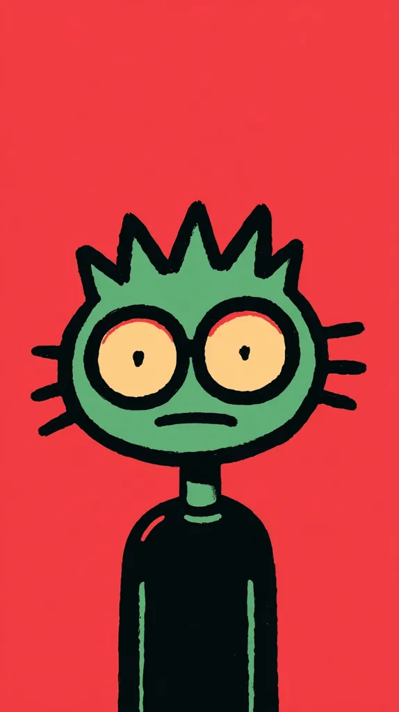 A stylized cartoon creature, green with a spiky crown-like head, large round glasses, and a serious expression, is depicted against a vibrant red background.  It's dressed in a simple black shirt, and its features are bold and outlined in black, giving it a graphic, almost minimalist feel. The overall style is reminiscent of children's illustration or graphic design.