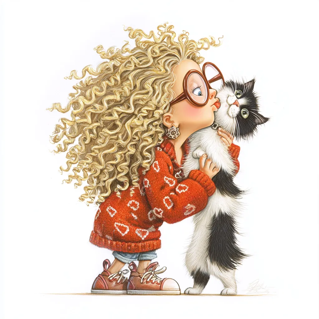 A girl with long, curly blonde hair and round glasses is lovingly embracing a tuxedo cat.  She's wearing a red sweater adorned with heart patterns and red sneakers. The girl leans in to kiss the cat, who looks up at her with affection. The illustration is whimsical and charming, showcasing a tender moment between a child and her pet.