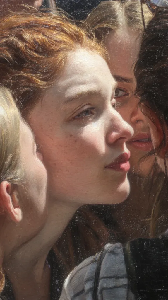 A close-up painting depicts three women's faces, partially visible, their features subtly illuminated by sunlight.  The central figure, a young woman with reddish-brown hair, dominates the composition. Her skin is delicately rendered, showing freckles and a soft, pensive expression.  The women's proximity suggests intimacy, and the artist's skill in capturing light and texture creates a realistic and emotive portrayal.