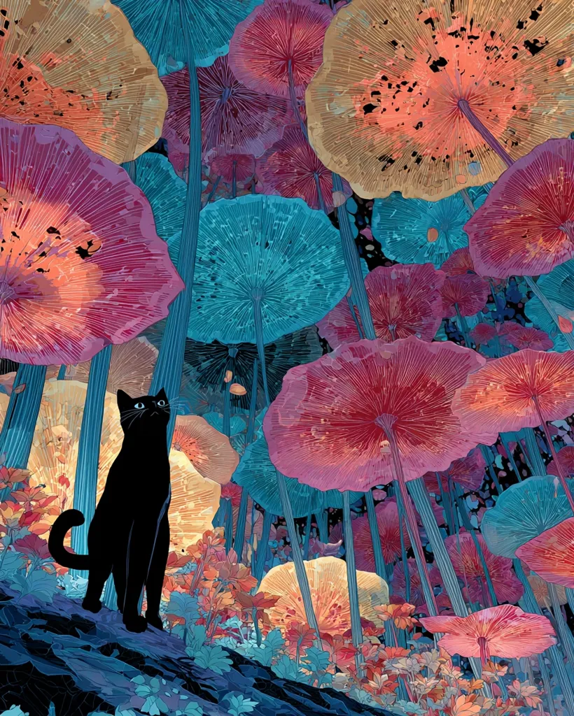 A black cat sits amidst a vibrant forest of surreal, oversized mushrooms.  The fungi boast a spectrum of rich colors—reds, purples, blues, and oranges—their stems long and slender.  Small flowers bloom at the base of the mushroom stalks, adding to the fantastical scene. The cat gazes upwards, seemingly captivated by the otherworldly environment.  The overall style is a blend of fantasy and surrealism, with a focus on detailed texture and color.