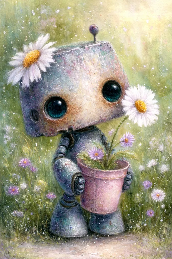A charming painting depicts a small, rusty robot with large, expressive eyes.  Adorned with a daisy on its head, the robot gently holds a pink pot containing a delicate flowering plant.  The robot stands in a field of wildflowers, bathed in soft, dappled sunlight, creating a whimsical and heartwarming scene. The style is reminiscent of children's book illustration.