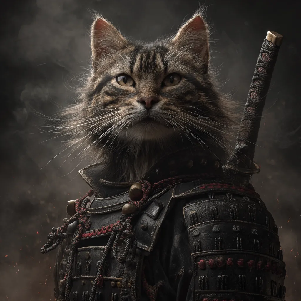 A majestic Maine Coon cat is depicted as a fierce samurai warrior.  The cat's serious expression is framed by its long fur, while it is clad in authentic-looking samurai armor and carries a katana. The dark, smoky background enhances the dramatic and powerful image, creating a mystical and imposing presence.  The overall effect is a striking blend of feline grace and ancient warrior culture.