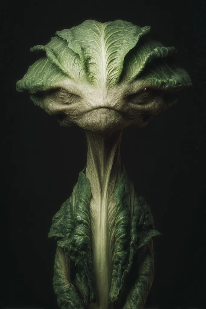 A digital artwork depicts a creature resembling a humanoid alien with a head and torso formed from a leafy green vegetable, possibly a type of cabbage or lettuce.  Its expression is stern, almost menacing, with deep-set eyes and a furrowed brow. The creature's long neck and body are textured to mimic the vegetable's structure.  The dark background emphasizes the alien's form and creates a dramatic, moody atmosphere.