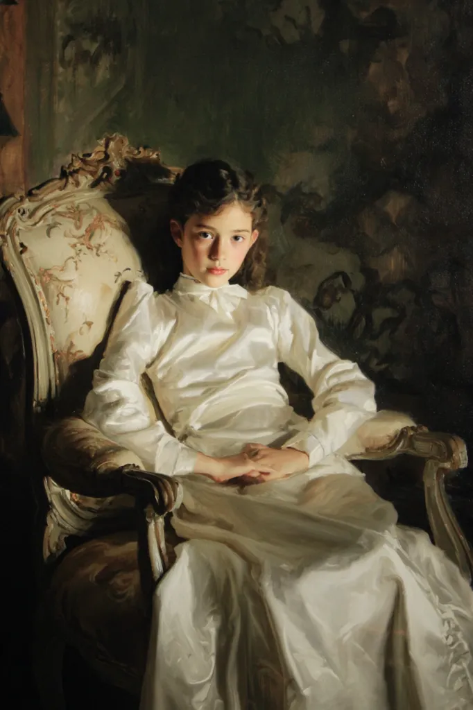 A young girl, elegantly dressed in a flowing white gown, sits poised in an ornate chair.  The painting's dark background contrasts with the luminous white of her dress, highlighting her calm demeanor and delicate features. Soft light illuminates her face and the folds of her garment, creating a sense of quiet dignity and grace.  The overall impression is one of refined beauty and timeless portraiture.