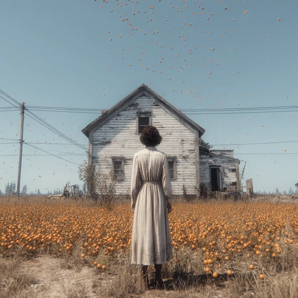 A woman in a long, light-colored dress stands in a field of orange fruit, her back to the viewer.  A weathered, white farmhouse stands behind her.  Many small, orange objects, possibly fruit, are falling from the sky. The scene evokes a sense of isolation and perhaps abandonment.  The sky is pale blue, and the overall mood is somber and contemplative.