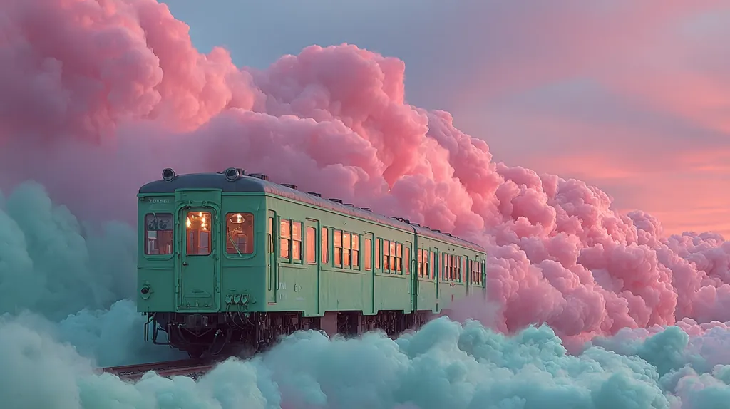 A teal-green train chugs through a surreal landscape, enveloped in soft, pastel-colored clouds.  Pink clouds dominate the upper portion of the image, contrasting with the teal-colored smoke billowing from the train below.  The scene is dreamy and otherworldly, suggesting a fantastical journey.  The train's warm interior lights add a touch of cozy realism to the whimsical setting.